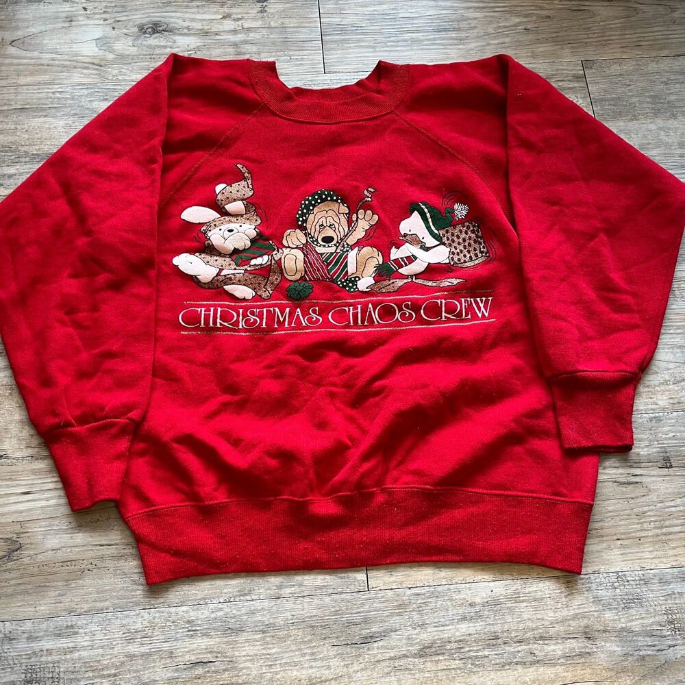 Vtg Sweater Womens Medium Christmas Chaos Crew Dog Sweatshirt 90s Streetwear Red